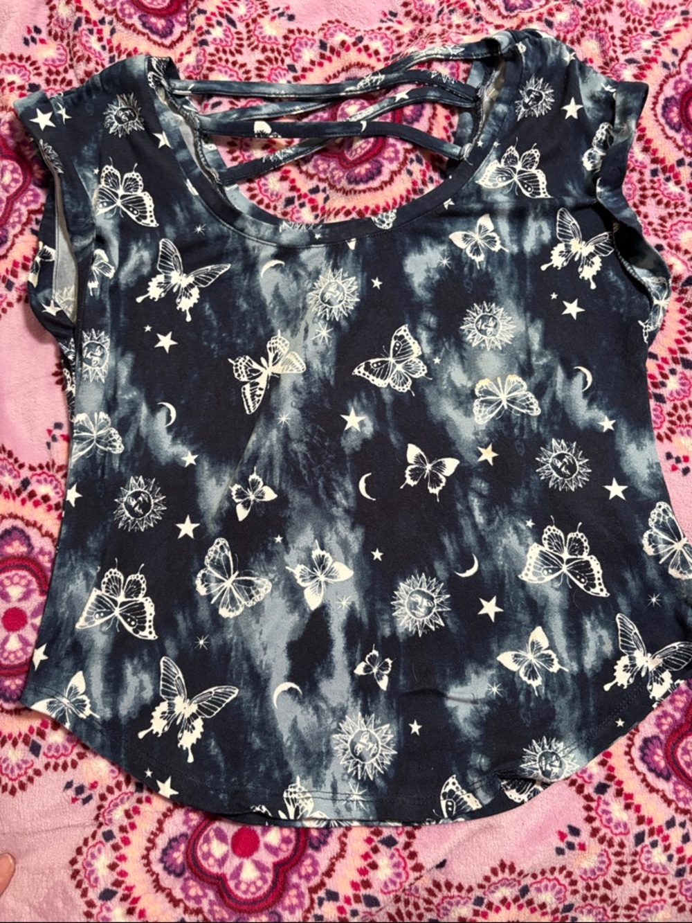 Strappy Back Butterfly & Celestial Print Top in Navy